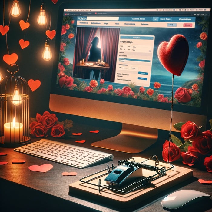DALL·E 2024-02-12 16.13.19 - A visual metaphor for a romance scam, featuring a computer screen displaying a fake dating profile with exaggerated romantic imagery, such as hearts a